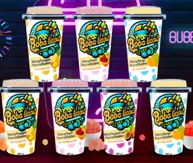 Graphic showing seven different fruit bubble tea flavors, including kiwi, blueberry, watermelon, and taro coconut, with illustrations of fruits and tapioca pearls.